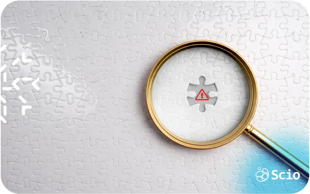 Magnifying glass highlighting a missing puzzle piece, representing hidden system risk in seemingly stable software