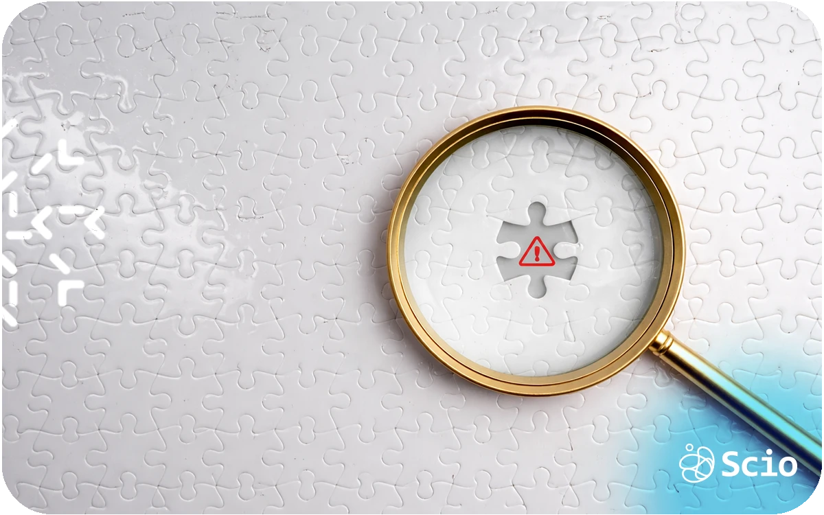 Magnifying glass highlighting a missing puzzle piece, representing hidden system risk in seemingly stable software