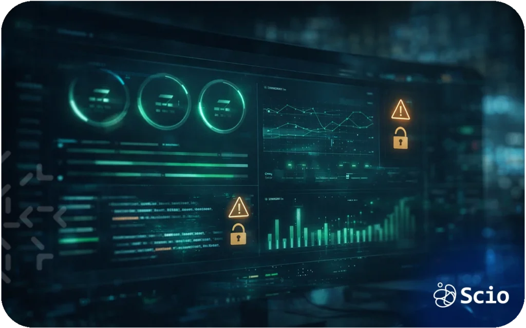 Engineering dashboard displaying system metrics, security alerts, and performance signals in a production environment