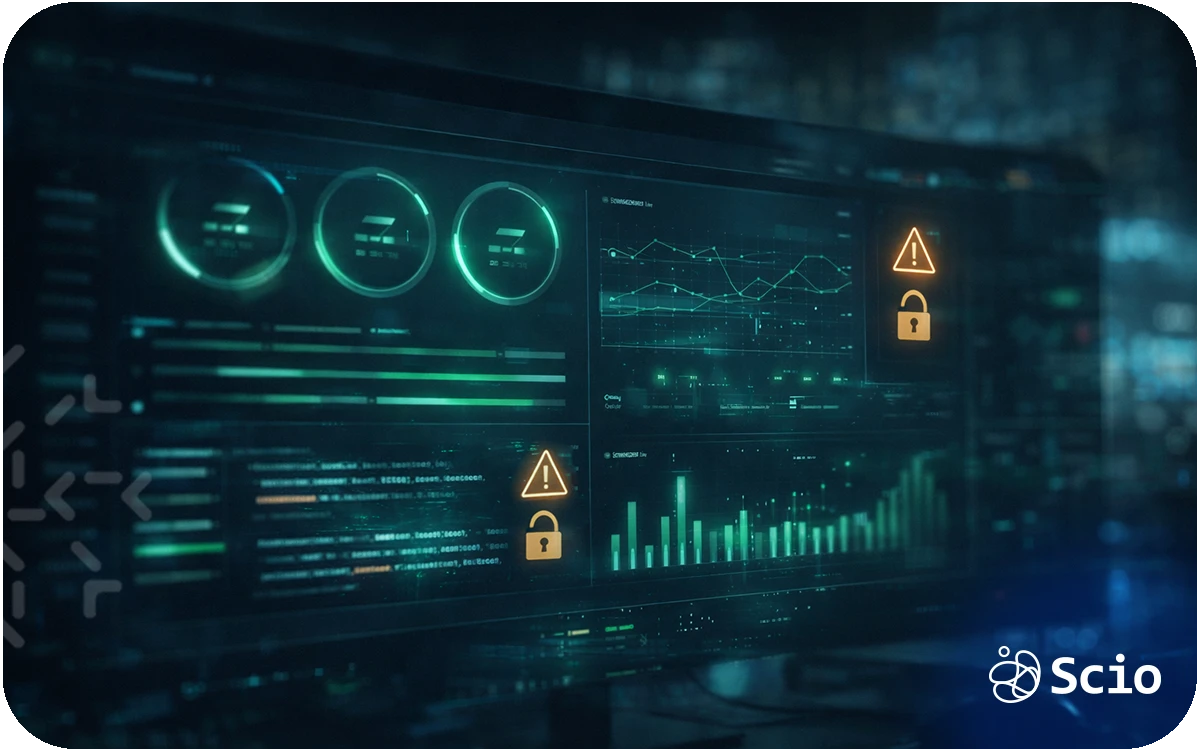 Engineering dashboard displaying system metrics, security alerts, and performance signals in a production environment