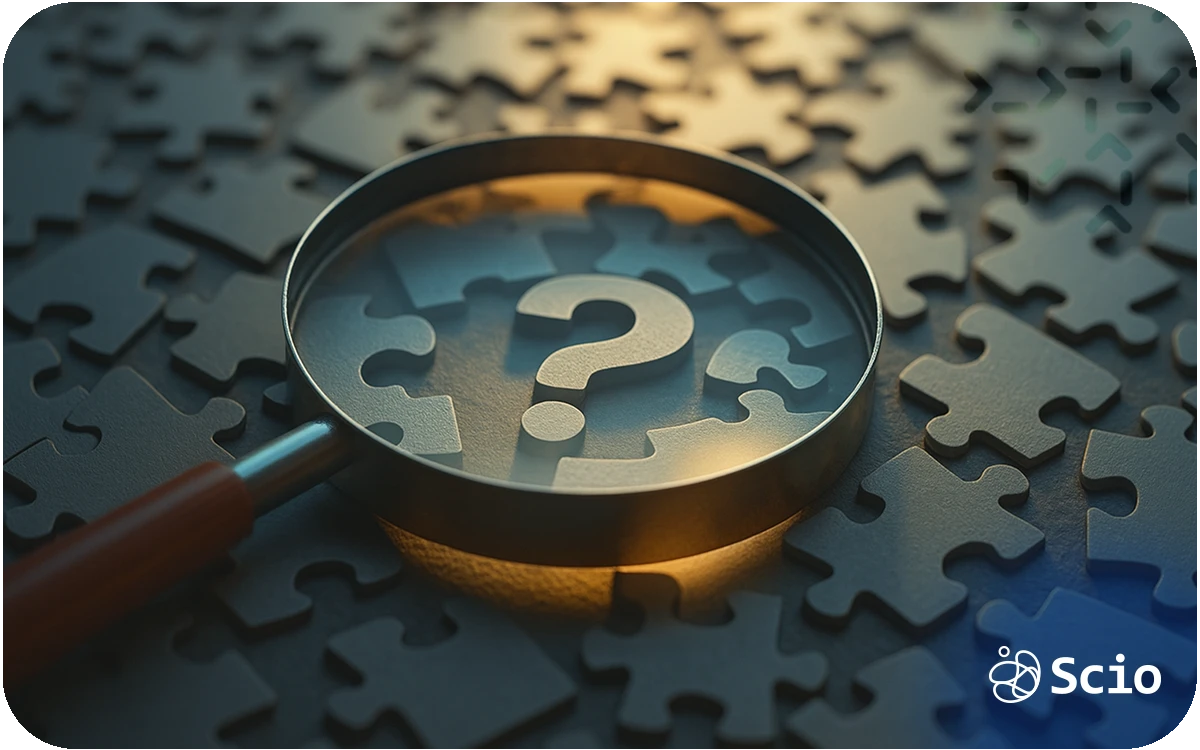 Magnifying glass over a puzzle piece with a question mark, representing how side projects help engineers sharpen problem-solving and technical intuition outside formal workflows.