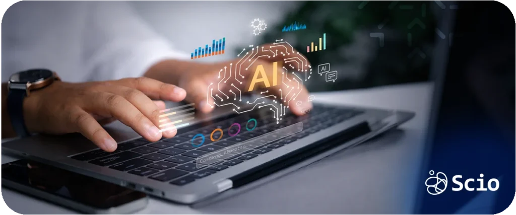 How to become an AI engineer: software developer working on a laptop with visual AI elements representing the gradual transition from software engineering to production AI engineering