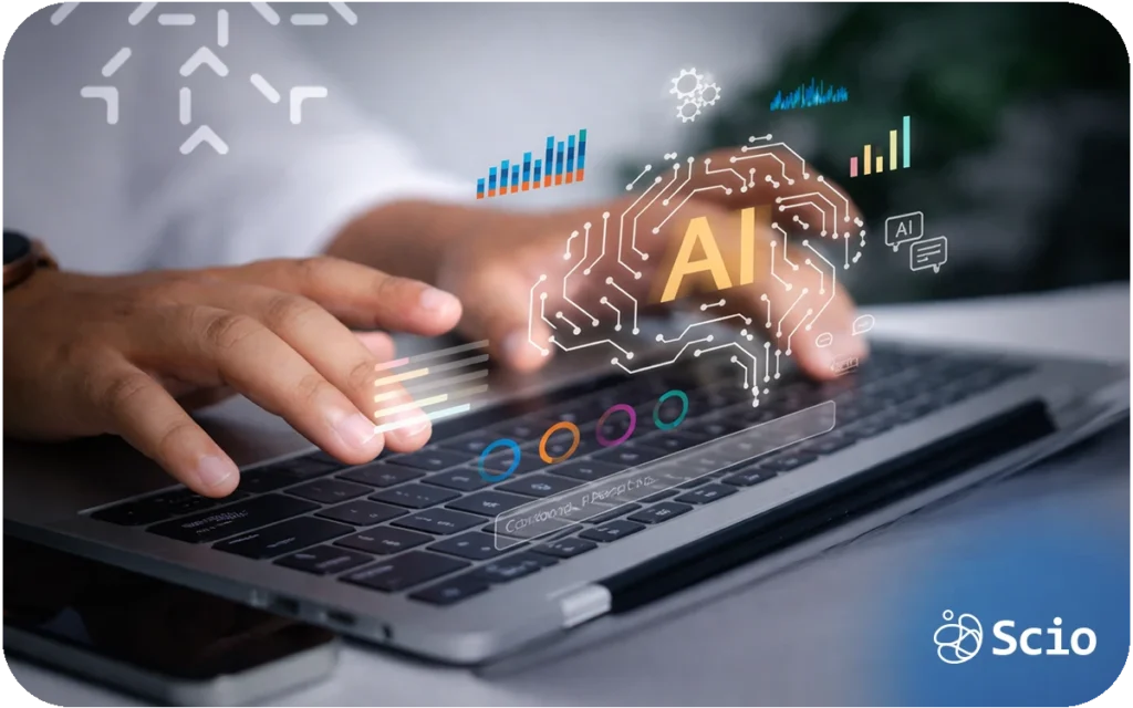 Software developer working on a laptop with visual AI elements representing the transition toward AI engineering