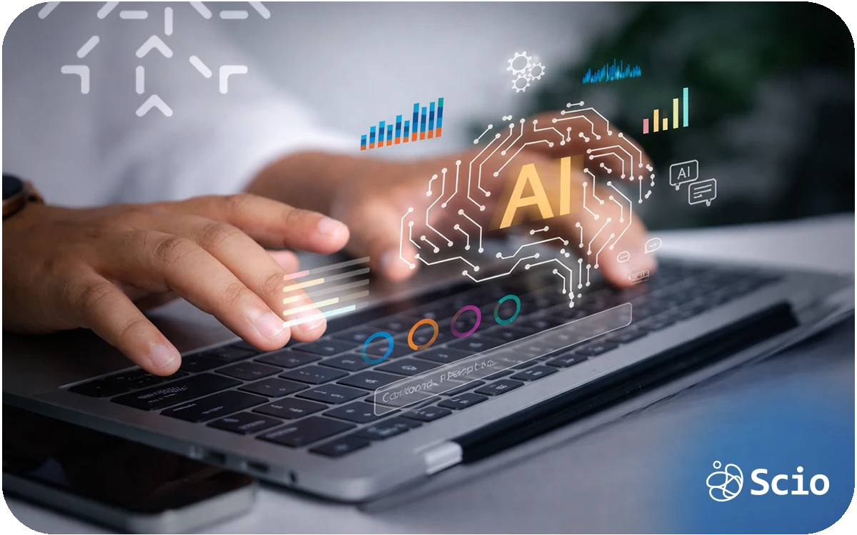 Software developer working on a laptop with visual AI elements representing the transition toward AI engineering