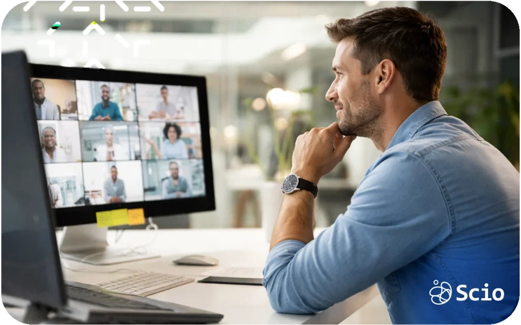 Engineering leader in a video call reflecting on collaboration across time zones