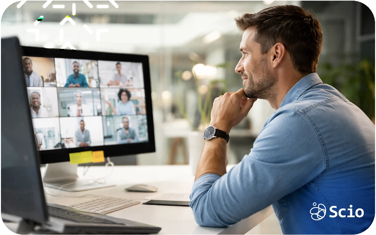 Engineering leader in a video call reflecting on collaboration across time zones
