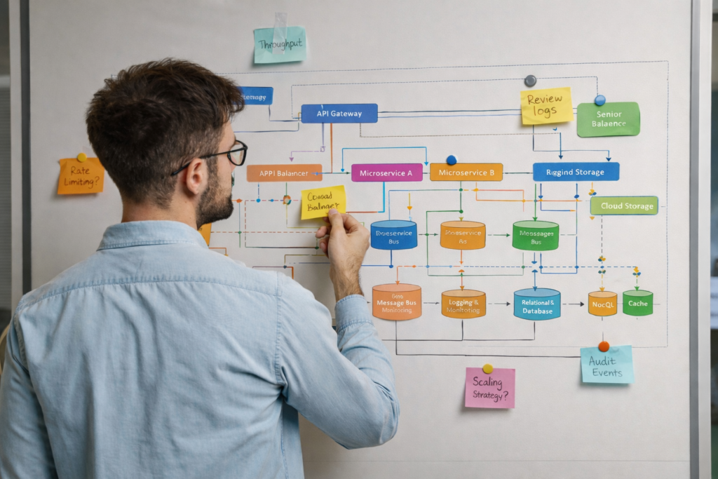 Senior software engineer reviewing a distributed software architecture diagram with icon-based services, data flows, events, and scaling layers on a whiteboard.