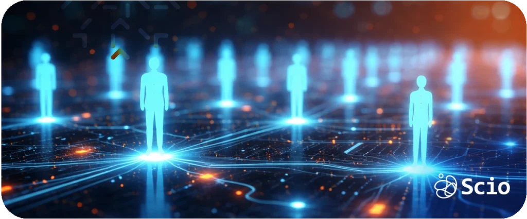 Human connection at work: digital network of people representing the relational trust and shared meaning that AI cannot replicate and that determines team performance in an AI-driven world