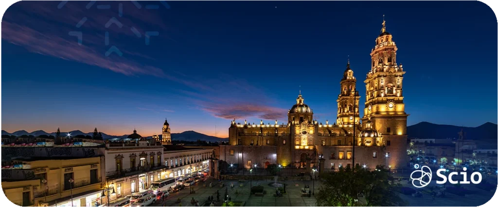 Morelia Cathedral at night highlighting the city as an emerging nearshore tech hub in Mexico