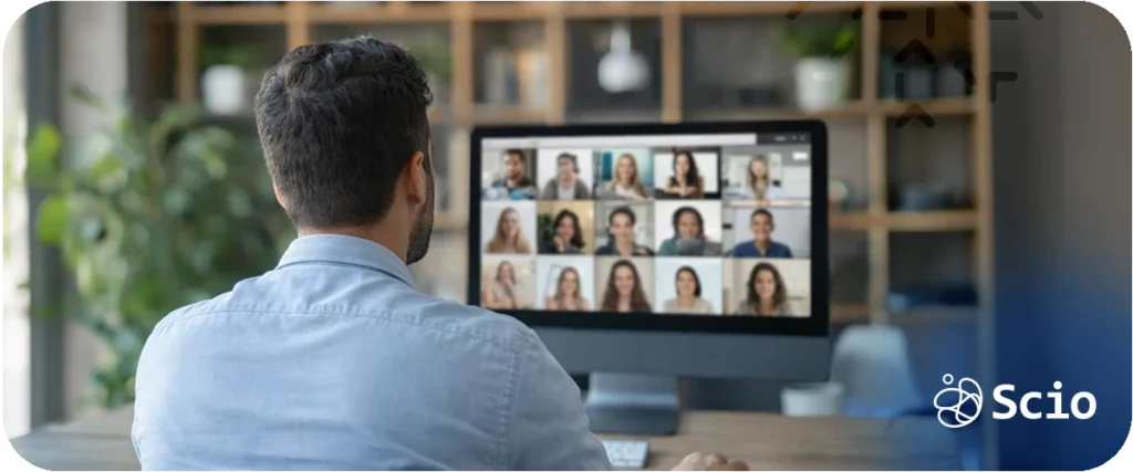 Distributed team connection: engineering leader on a video call with distributed team members representing the challenge of maintaining professional connection in remote work environments