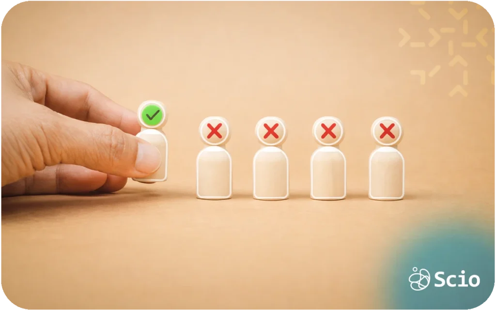Hand selecting one candidate figure marked with a green check while others show red X symbols, representing effective technical vetting.