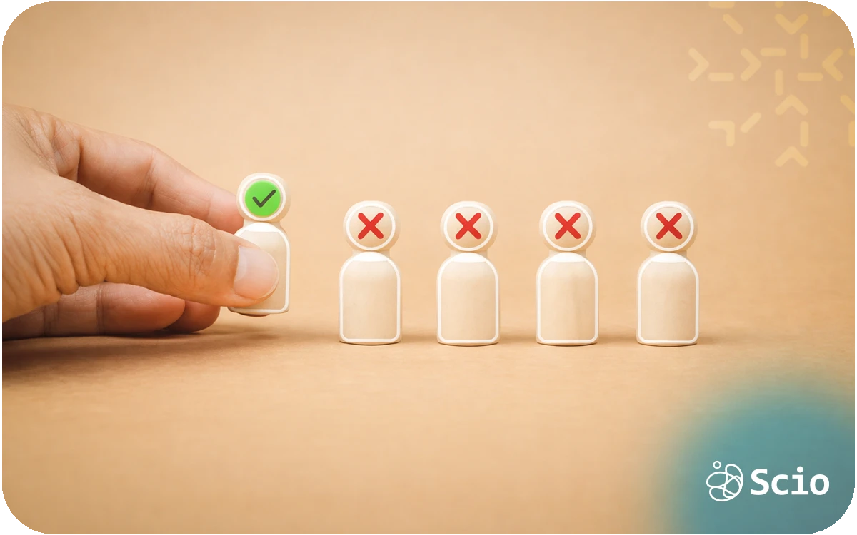 Hand selecting one candidate figure marked with a green check while others show red X symbols, representing effective technical vetting.