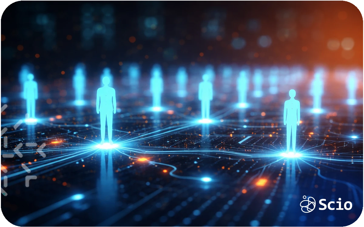 Digital human figures connected through a glowing network, symbolizing how AI connects people but cannot replace human relationships.