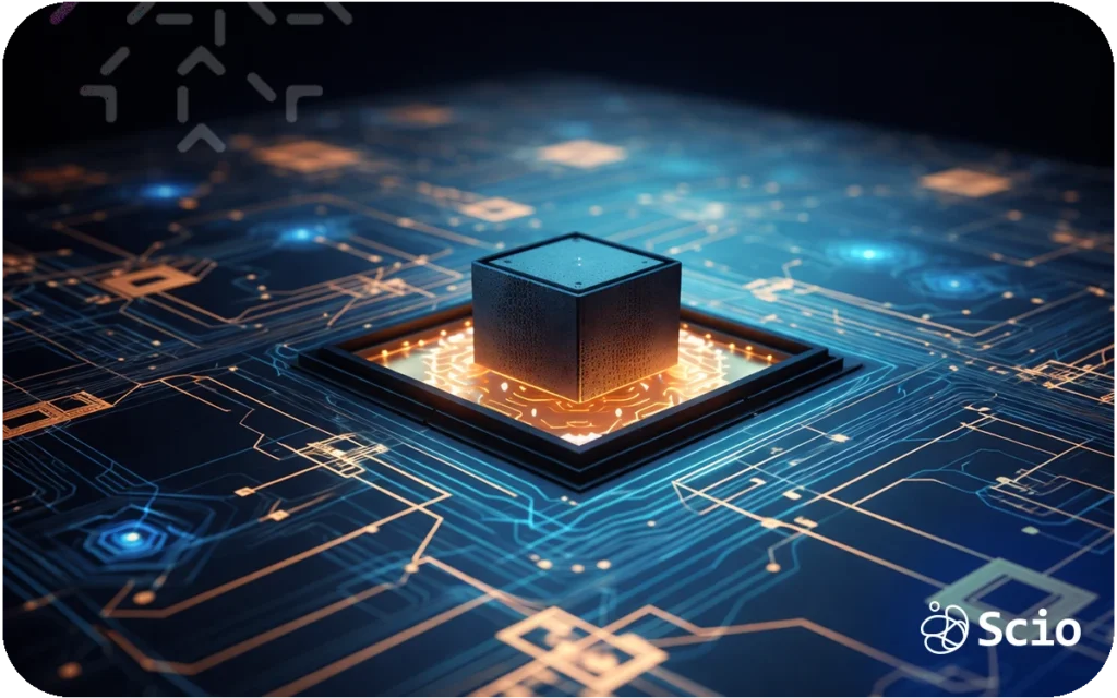 Futuristic quantum processor chip integrated into a digital circuit board representing the emerging impact of quantum computing on future technology infrastructure.