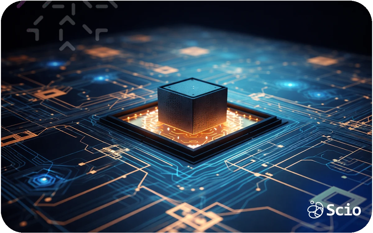Futuristic quantum processor chip integrated into a digital circuit board representing the emerging impact of quantum computing on future technology infrastructure.