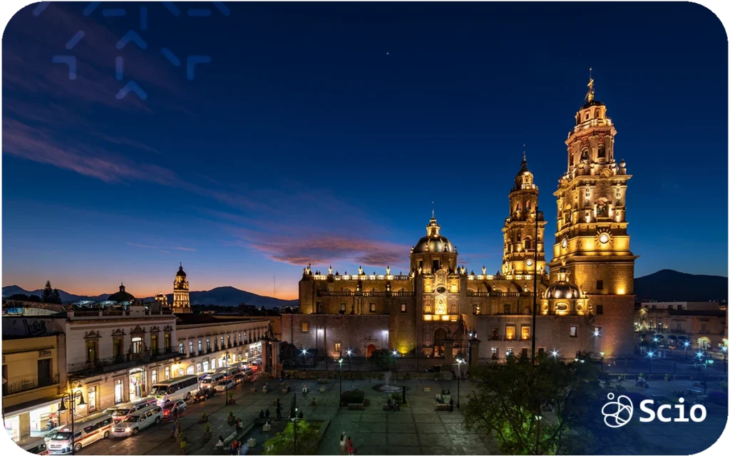 Morelia tech hub: historic Morelia cathedral at night representing the UNESCO World Heritage city that serves as Scio's nearshore software development headquarters