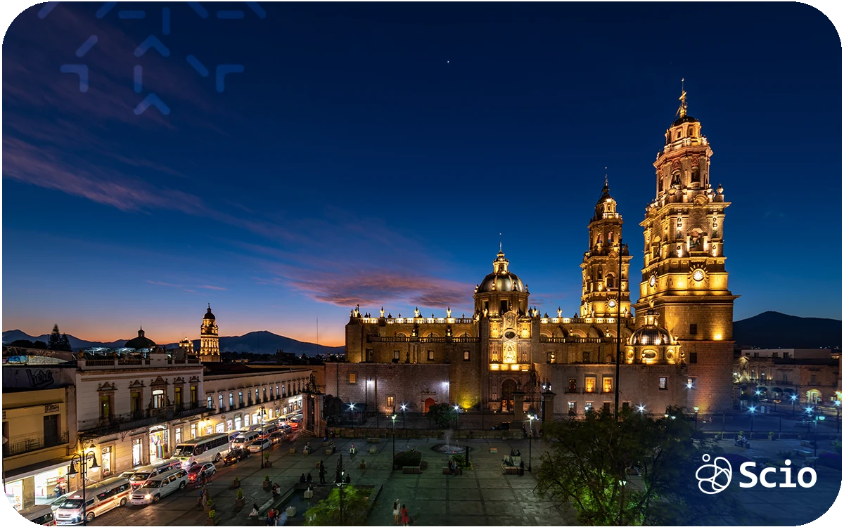 Morelia tech hub: historic Morelia cathedral at night representing the UNESCO World Heritage city that serves as Scio's nearshore software development headquarters