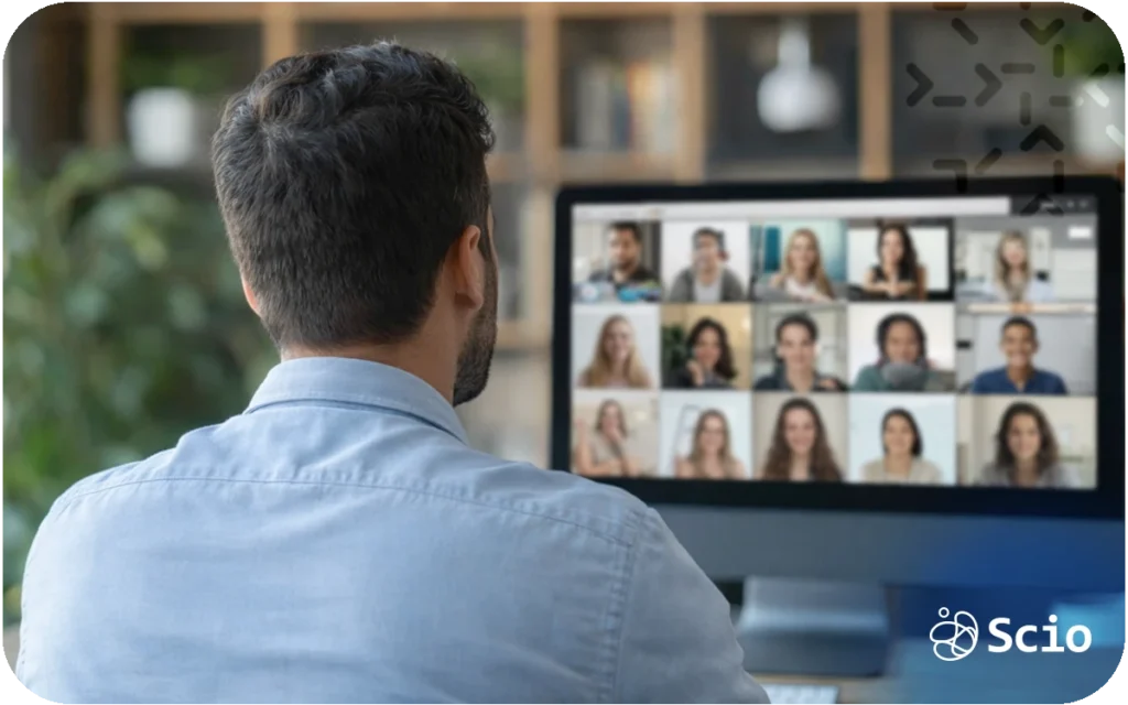 Engineering leader on a video call with distributed team members in a remote work environment