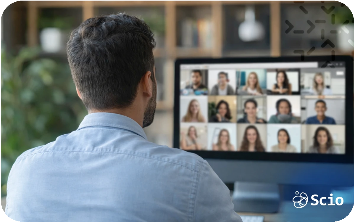 Engineering leader on a video call with distributed team members in a remote work environment