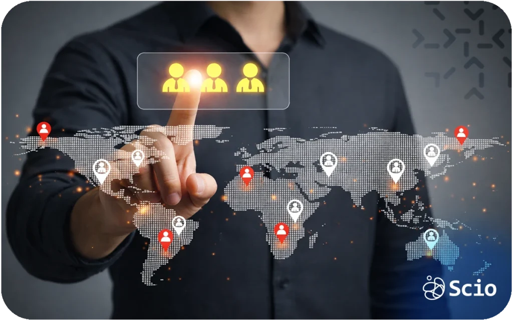 Professional selecting global talent on a digital world map, representing nearshore software development partnerships.