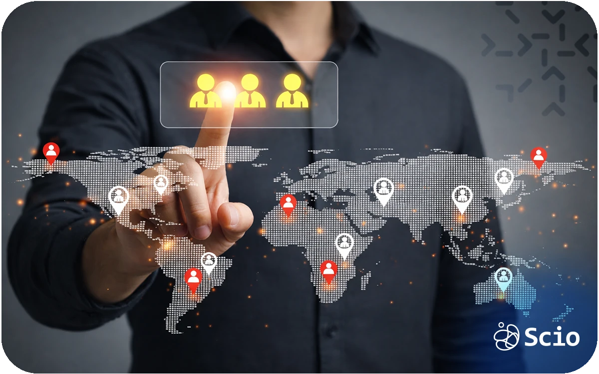 Professional selecting global talent on a digital world map, representing nearshore software development partnerships.