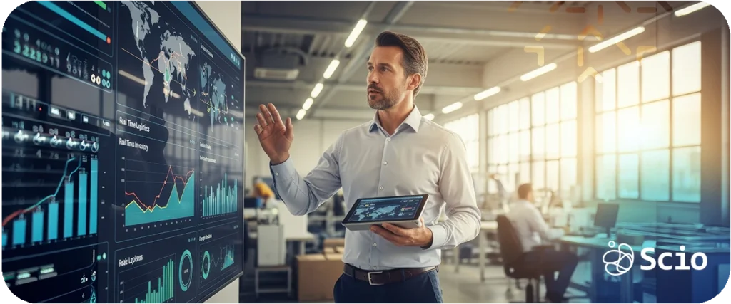 Technology leader reviewing AI performance dashboards and data analytics to evaluate model behavior and operational metrics.