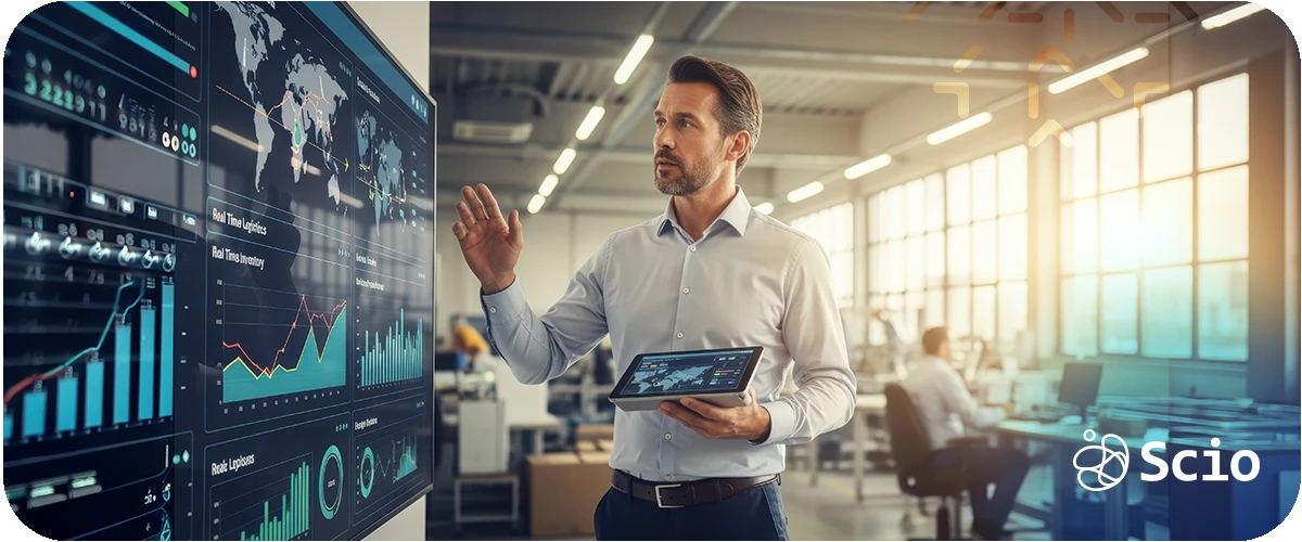 Evaluating AI Model Performance in Enterprise Systems Technology leader reviewing AI performance dashboards and data analytics to evaluate model behavior and operational metrics.