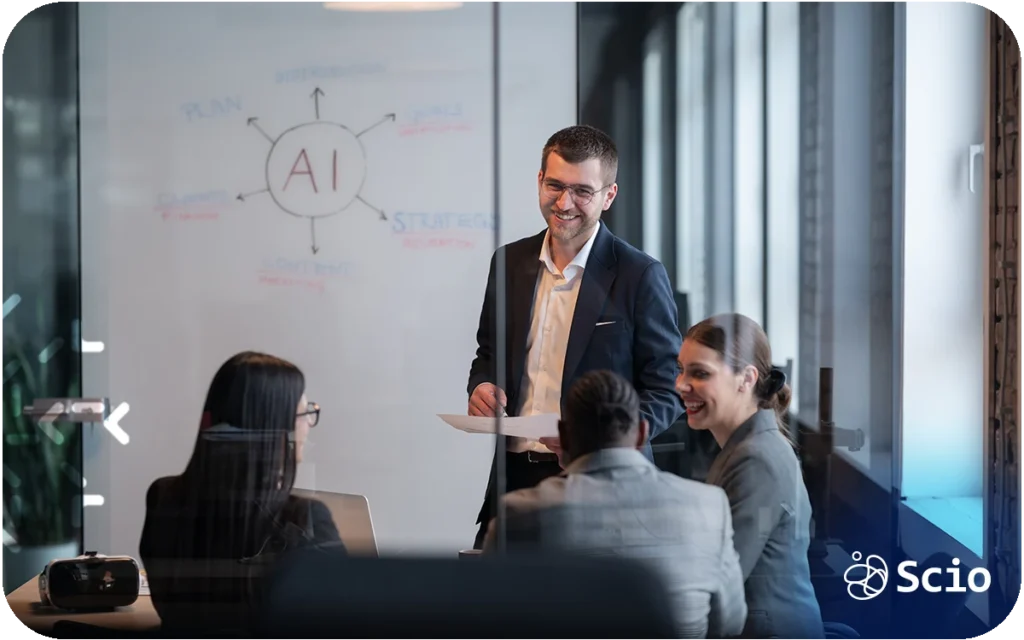 Engineering team discussing artificial intelligence strategy during a meeting, reviewing AI adoption in software development workflows.