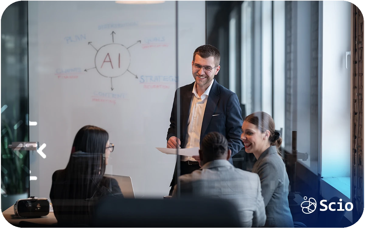 Engineering team discussing artificial intelligence strategy during a meeting, reviewing AI adoption in software development workflows.