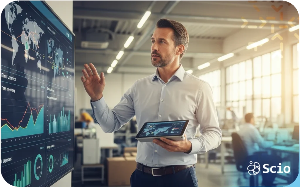 Technology leader reviewing AI performance dashboards and data analytics to evaluate model behavior and operational metrics.