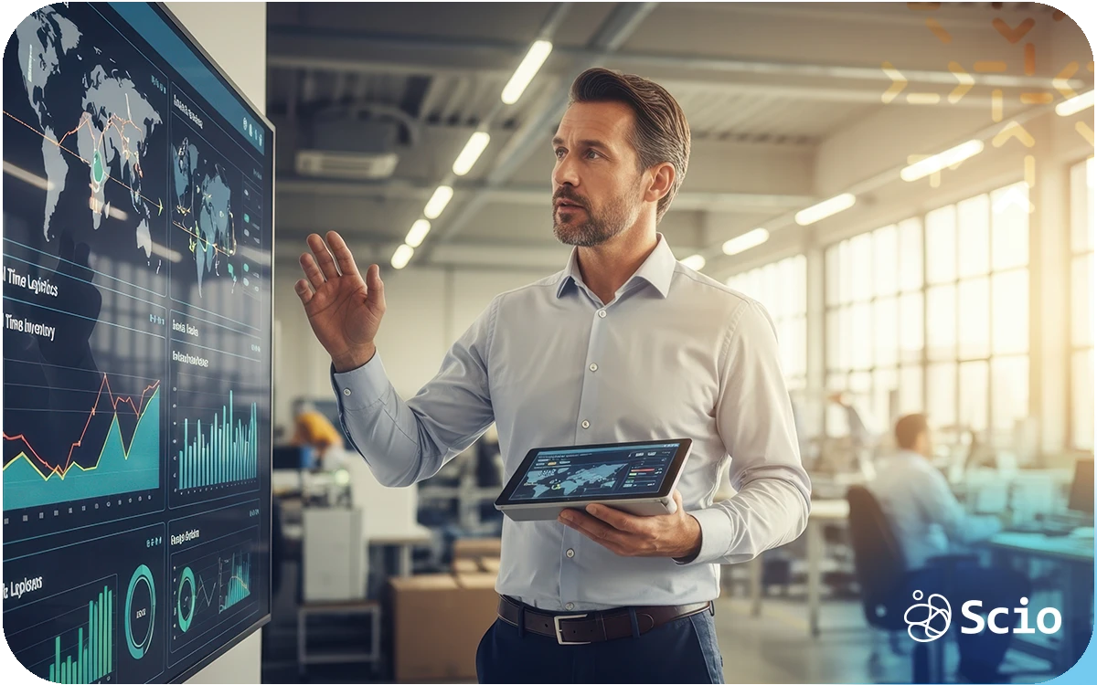 Technology leader reviewing AI performance dashboards and data analytics to evaluate model behavior and operational metrics.