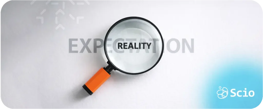 Magnifying glass highlighting the word reality over expectation, representing the gap between AI expectations and engineering outcomes.