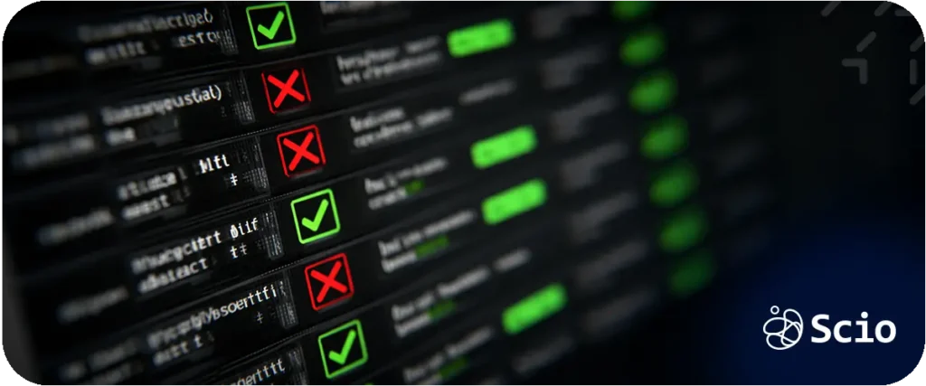 Body image for the ChatGPT alternatives article. Shows a dark server or system interface with green checkmarks and red X marks across multiple rows, representing the evaluation of AI tool categories against technical and operational criteria. Used in the Strategic Categories section